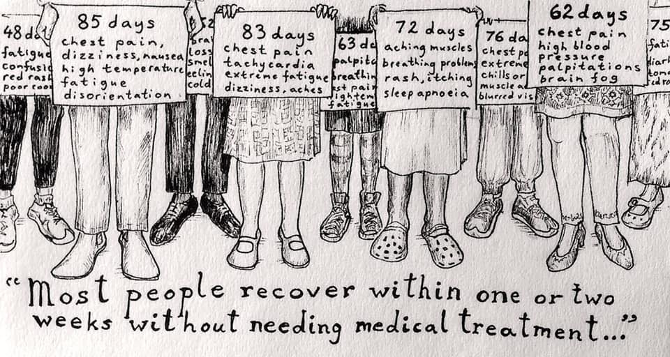 Text: 'Most people recover within weeks one or two weeks without needing medical treatment'. Patients holding up patients, couting the days they've been sick and the symptoms they are having.