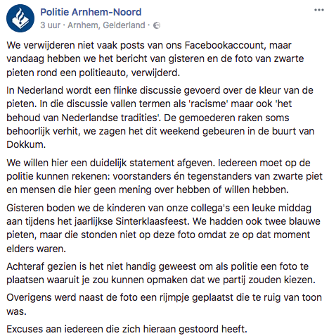 Het bericht van Politie Arnhem met excuses