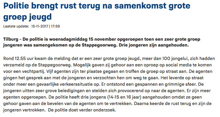 Screenshot van nieuwsbericht over het politieoptreden