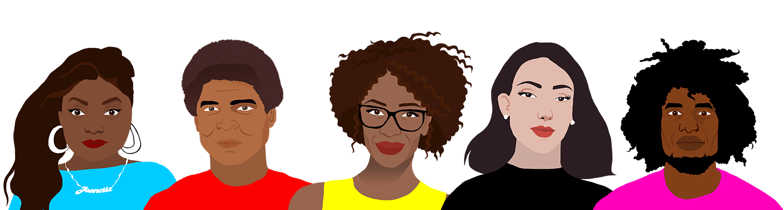 Illustratie van de top 5 kandidaten van BIJ1: Jeanette Chedda, Quinsy Gario, Sylvana Simons, Rebekka Timmer en Daryll Ricardo Landburg.