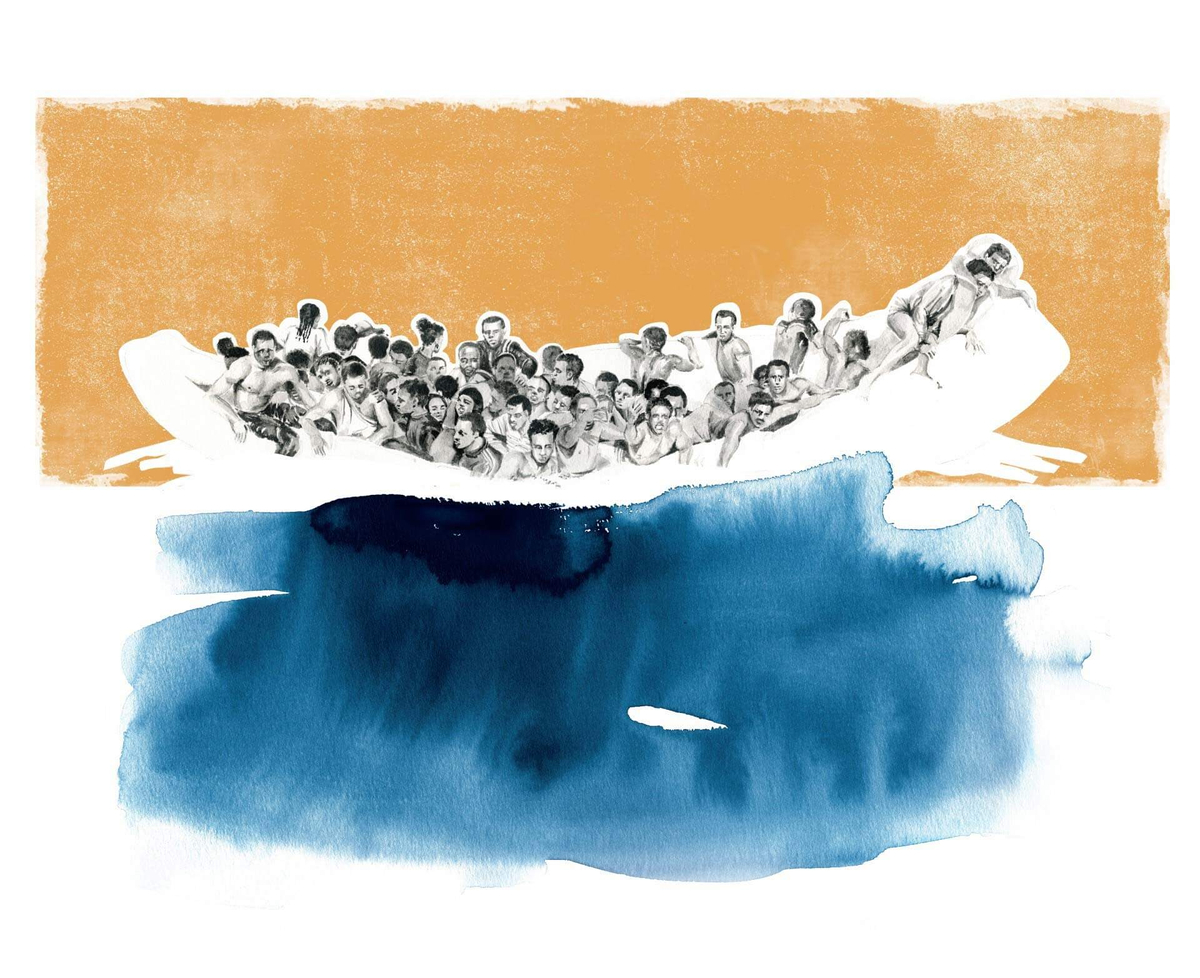 dipinto di un gruppo di persone su una barca in mare